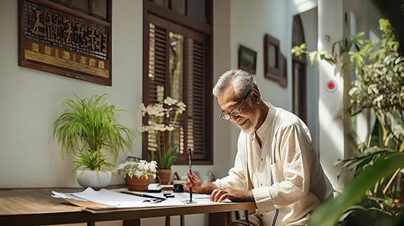 Elderly woman knitting