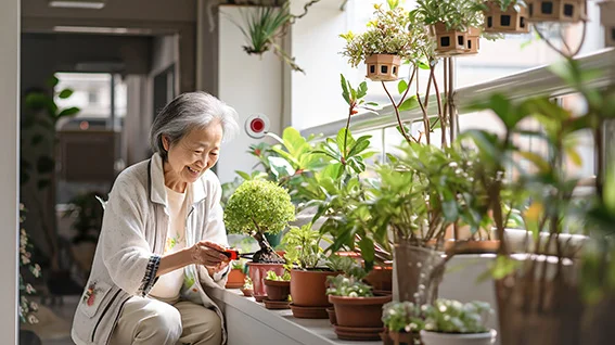 Elderly woman knitting